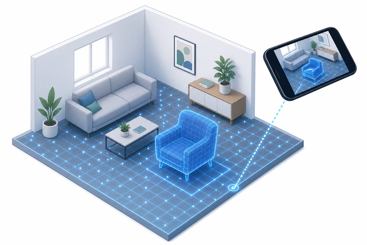 スマホが部屋の床を平面として認識し、3D空間上にソファの3Dモデルを配置する仕組みの概念図