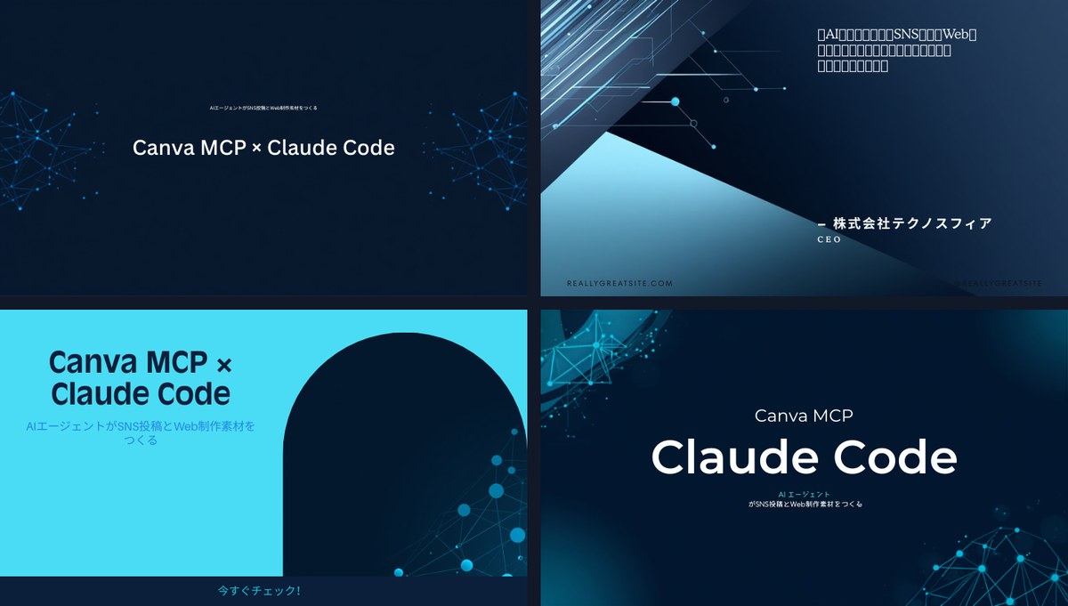 Canva MCPが一度に生成した4つのデザイン候補の比較。右上の候補では日本語が四角い記号（豆腐）に文字化けし、架空のドメイン名と肩書きが表示されている