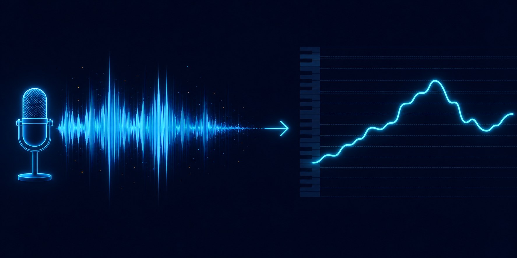 マイクの音声波形からピッチ曲線を抽出するイメージ