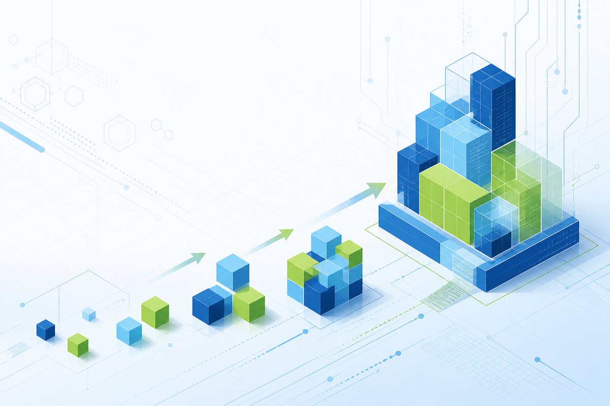 移転・拡大を表すイメージ：積み上がる立体ブロック