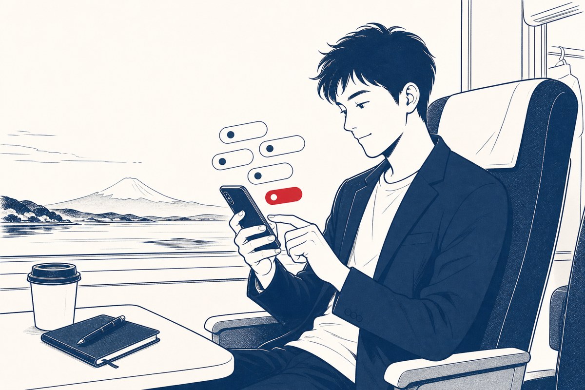 移動中にスマホでスキルシートを更新するエンジニアのイラスト