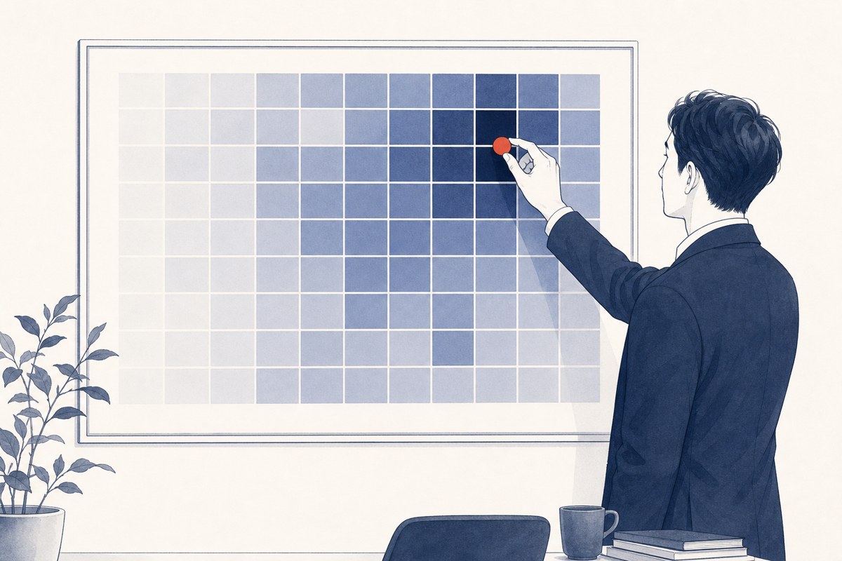 技術×人のヒートマップから最適な候補を選ぶイラスト