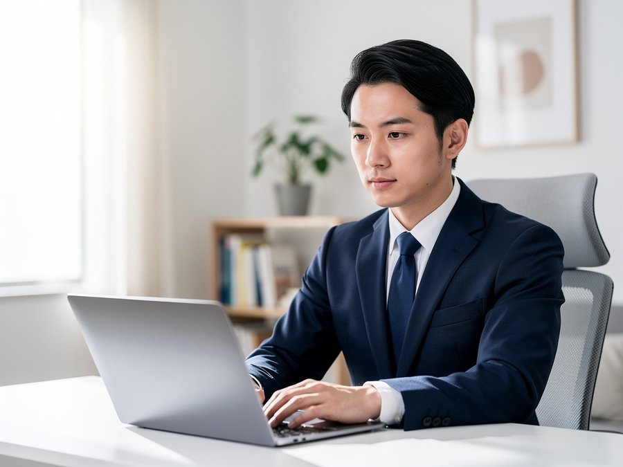 スーツ姿の日本人男性がオンラインでAI面談を受けているシーン