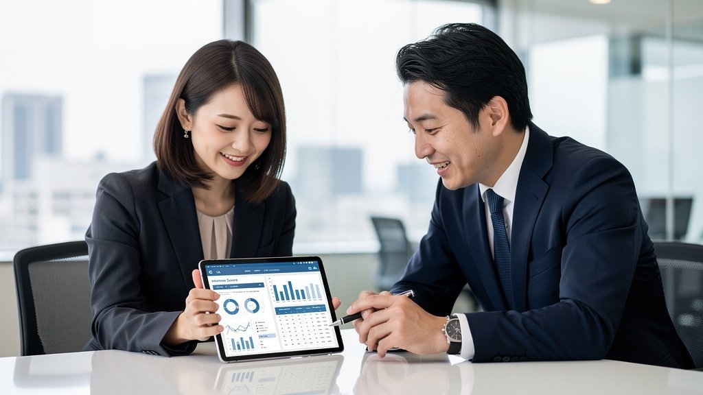 採用担当者2名がオフィスで面談評価データを確認し、採用判断をしているシーン