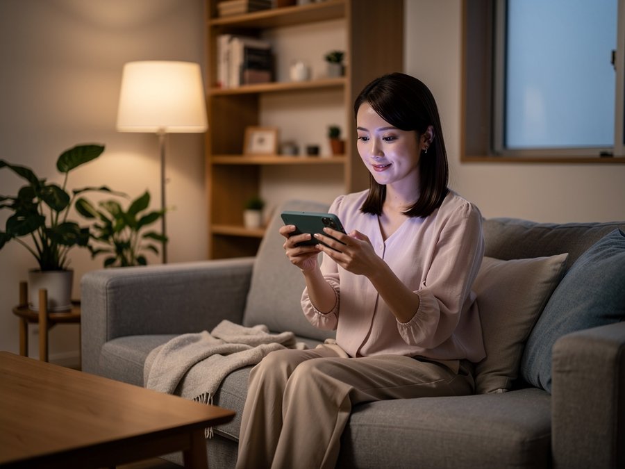 日本人女性が自宅のソファでスマートフォンを使ってAI面談を受けているシーン