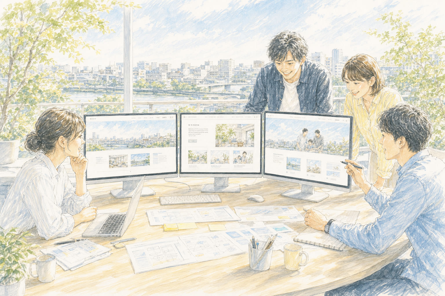 明るいオフィスで3案のサイトを見比べながら制作するチームのイメージ